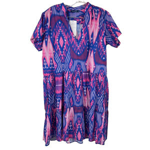 NWT La Plage Womens Large Pink Blue Alison Short Sleeve Aztec Mini Dress